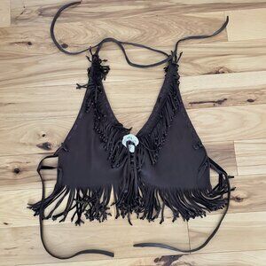 Handmade Genuine Leather Halter Top Bead Tassle Fringe Biker Chasing Unicorns S